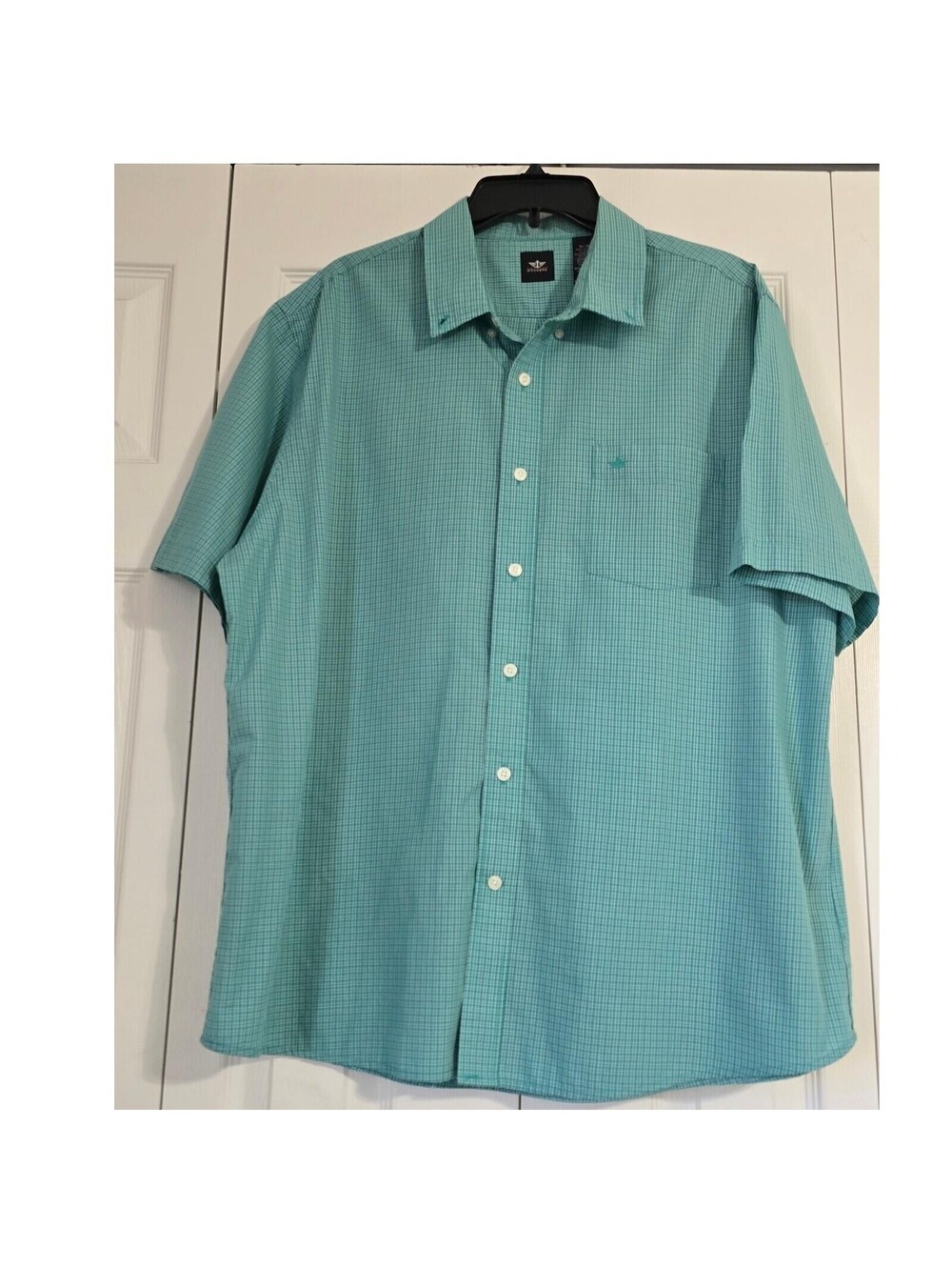 Dockers Mens XL Short Sleeve Button Down Shirt Teal Green Micro Check Plaid